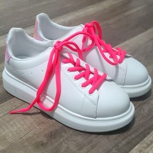 White Sneakers with Neon Pink Laces